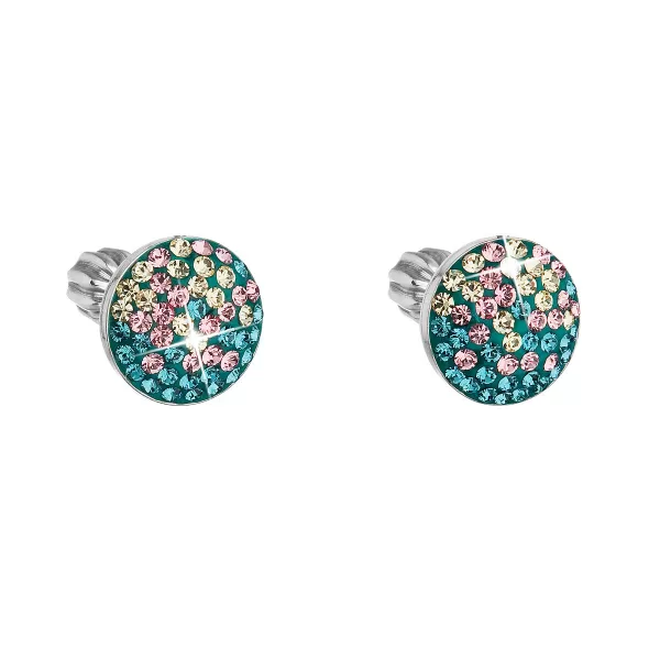 Strieborné náušnice pecka s kryštálmi Swarovski mix farieb okrúhle 31336.3 magic indicolite