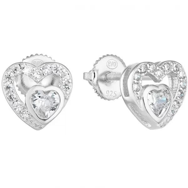 Strieborné náušnice pecka so zirkónom biele srdce 11288.1