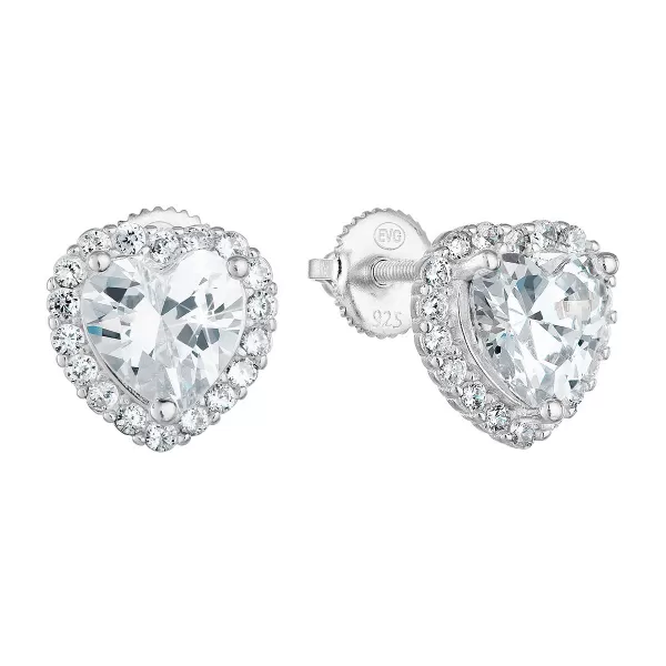 Strieborné náušnice pecka so zirkónom biele srdce 11276.1