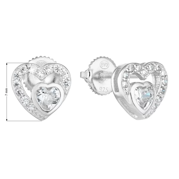 Strieborné náušnice pecka so zirkónom biele srdce 11288.1