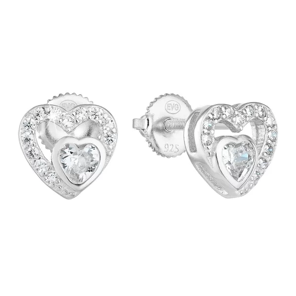 Strieborné náušnice pecka so zirkónom biele srdce 11288.1