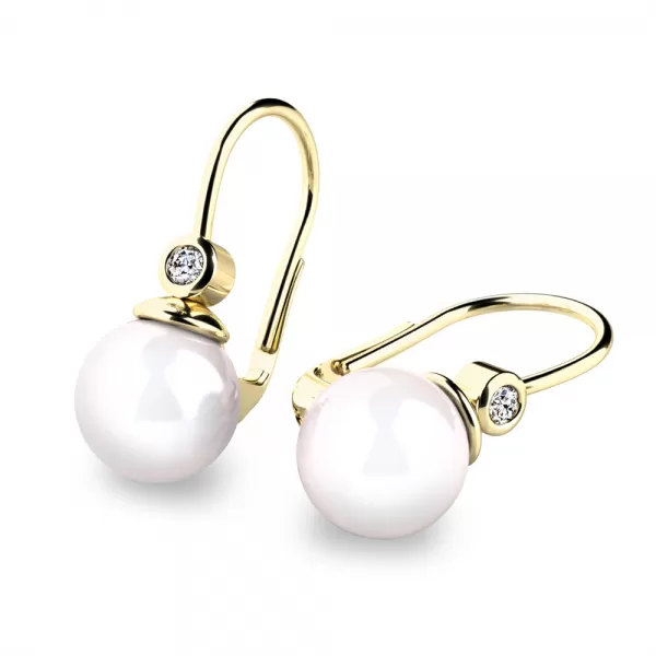 Dámske náušnice žlté zlato 585/1000 prírodný diamant 0,054 ct perla 10868-DIA