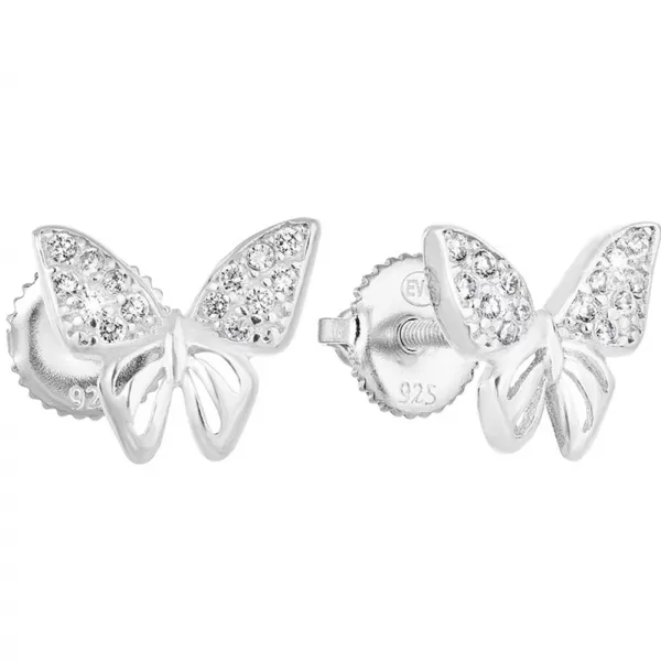 Strieborné náušnice pecka so zirkónom biely motýľ 11311.1