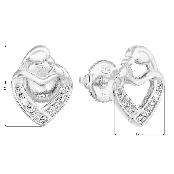 Strieborné náušnice pecka so zirkónom biele srdce 11314.1