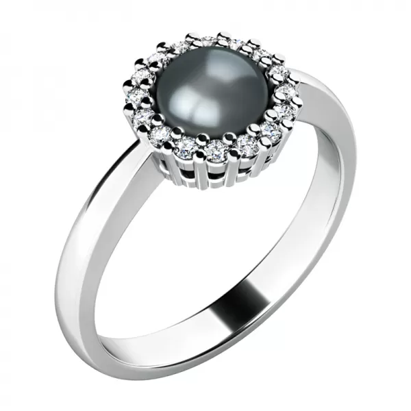 Prsteň s čiernou perlou a diamantmi 10928-B-FW-Black