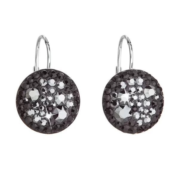 Strieborné náušnice visiace s kryštálmi Swarovski čierne okrúhle 31176.5 hematite
