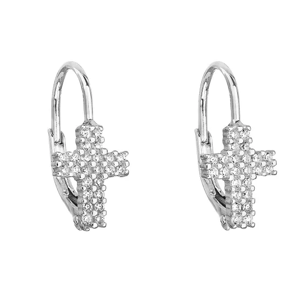Strieborné náušnice visiace so zirkónom biely krížik 11182.1