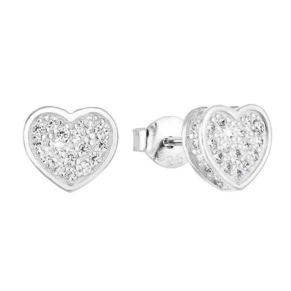 Strieborné náušnice pecka so zirkónom biele srdce 11032.1
