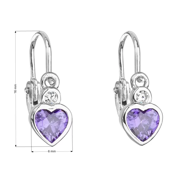 Strieborné detské náušnice visiace so zirkónom fialové srdce 11178.3