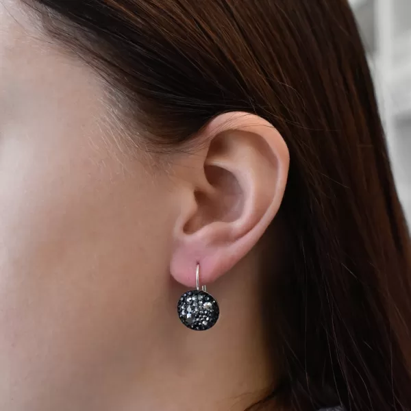 Strieborné náušnice visiace s kryštálmi Swarovski čierne okrúhle 31176.5 hematite