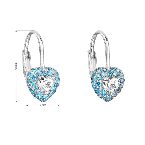 Strieborné detské náušnice visiace so zirkónom modré srdce 11216.3