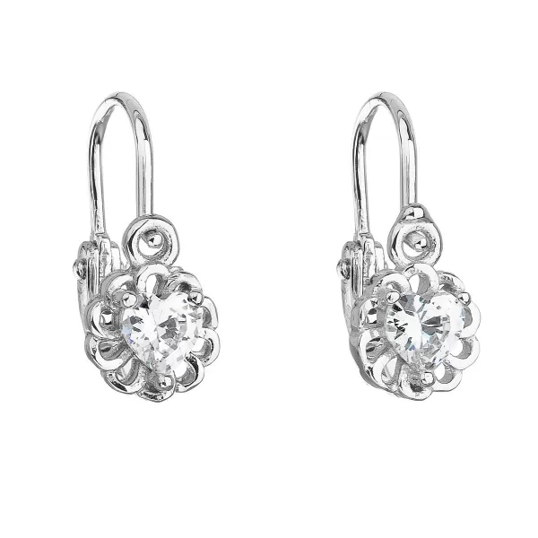 Strieborné detské náušnice visiace so zirkónom biele srdce 11173.1