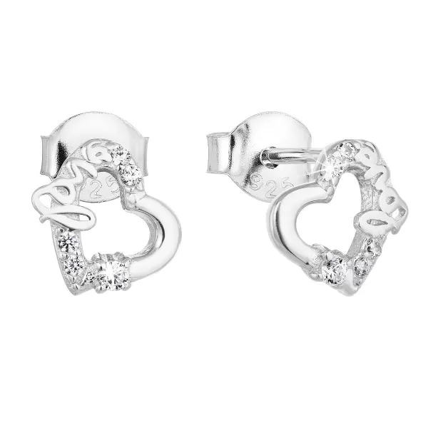 Strieborné náušnice pecka so zirkónom biele srdce 11051.1