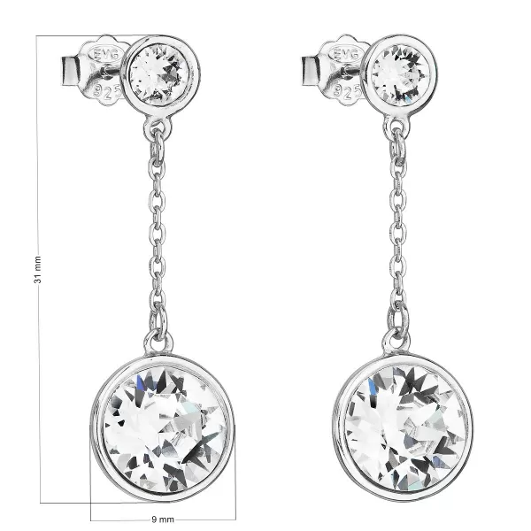 Strieborné náušnice visiace s kryštálmi Swarovski biele okrúhle 31269.1
