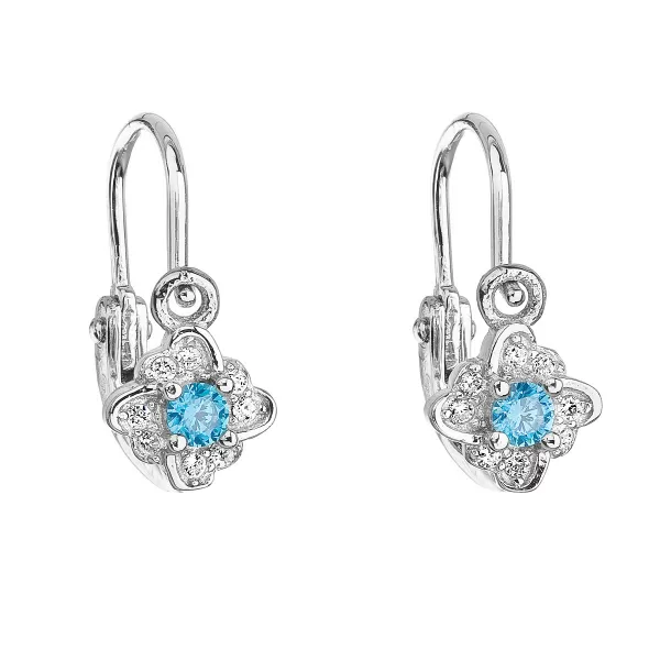 Strieborné detské náušnice visiace so zirkónom modrá kytička 11175.3