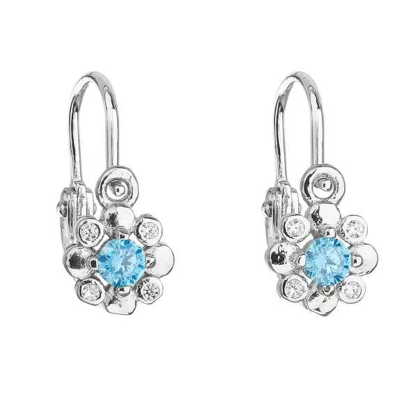 Strieborné detské náušnice visiace so zirkónom modrá kytička 11174.3