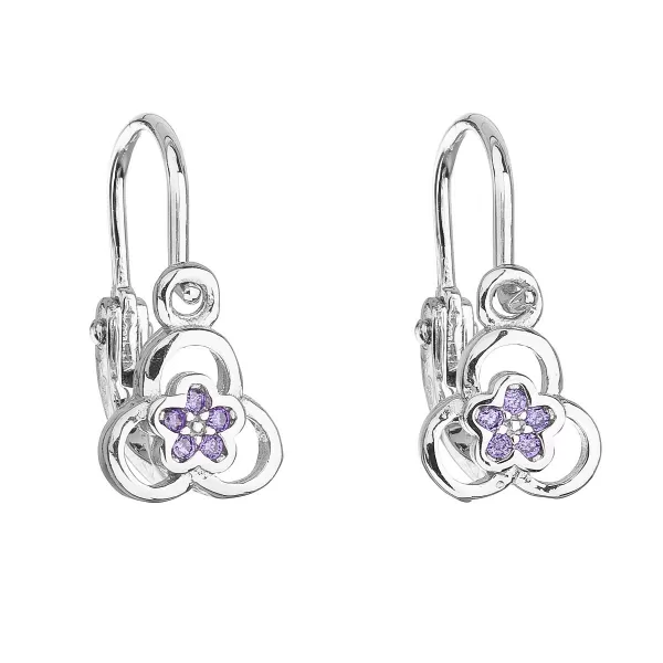 Strieborné detské náušnice visiace so zirkónom fialová kvietka 11171.3