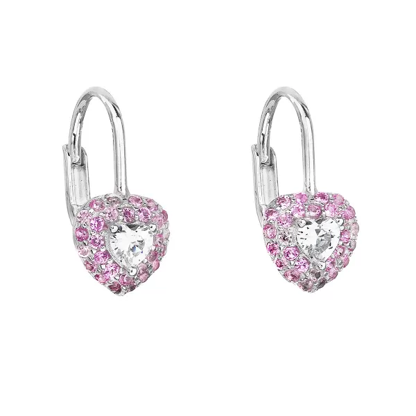 Strieborné detské náušnice visiace so zirkónom ružové srdce 11216.3