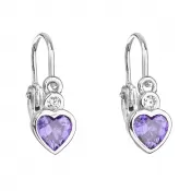 Strieborné detské náušnice visiace so zirkónom fialové srdce 11178.3
