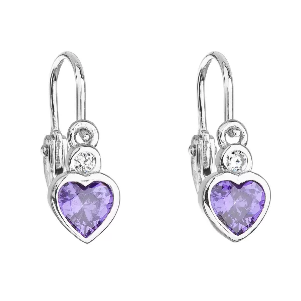 Strieborné detské náušnice visiace so zirkónom fialové srdce 11178.3
