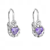 Strieborné detské náušnice visiace so zirkónom fialové srdce 11173.3