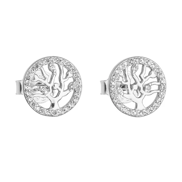 Strieborné náušnice pecka so zirkónom v bielej farbe strom života 11218.1