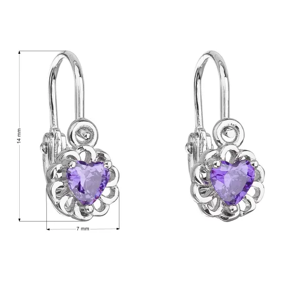 Strieborné detské náušnice visiace so zirkónom fialové srdce 11173.3