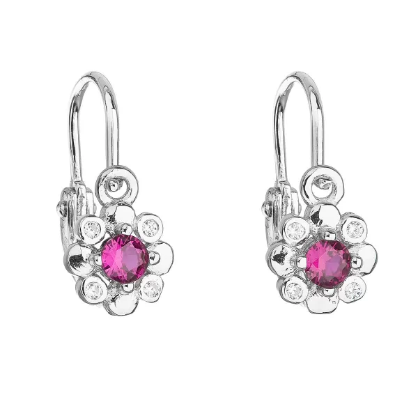 Strieborné detské náušnice visiace so zirkónom ružová kvietka 11174.3