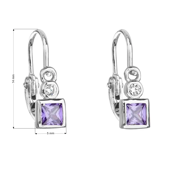 Strieborné detské náušnice visiace so zirkónom fialová kocka 11172.3