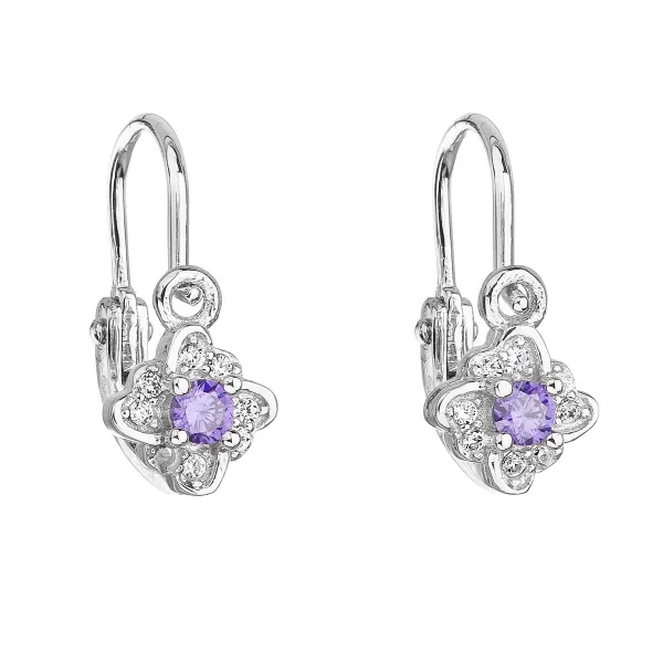 Strieborné detské náušnice visiace so zirkónom fialová kvietka 11175.3
