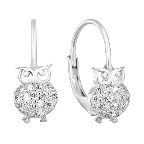 Strieborné náušnice visiace so zirkónom biela sova 11219.1