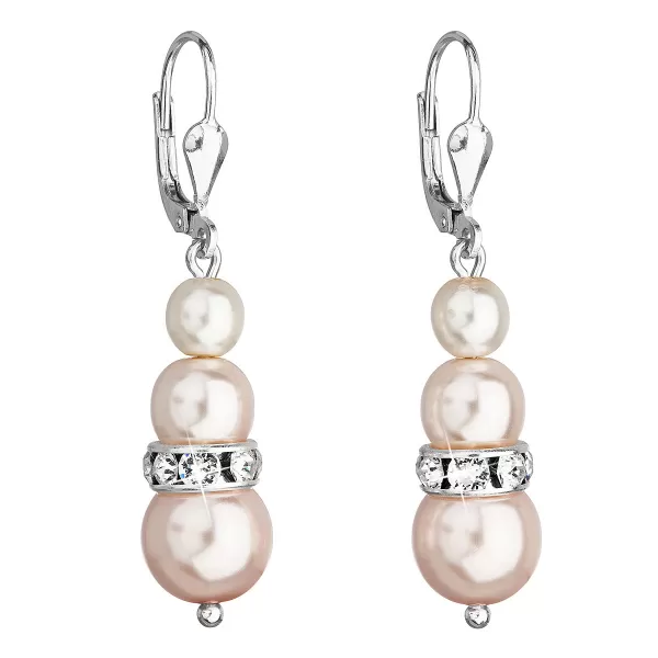 Strieborné náušnice visiace so syntetickými perlami a kryštálmi Swarovski ružové okrúhle 31150.3