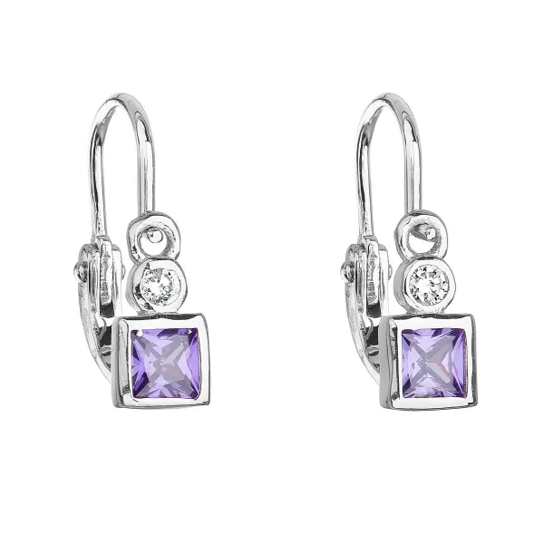 Strieborné detské náušnice visiace so zirkónom fialová kocka 11172.3