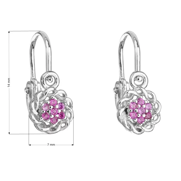 Strieborné detské náušnice visiace so zirkónom ružová kvietka 11176.3
