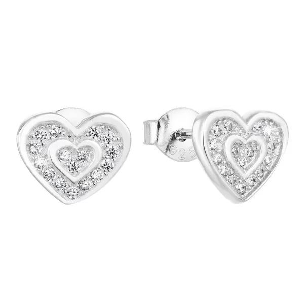 Strieborné náušnice pecka so zirkónom biele srdce 11025.1