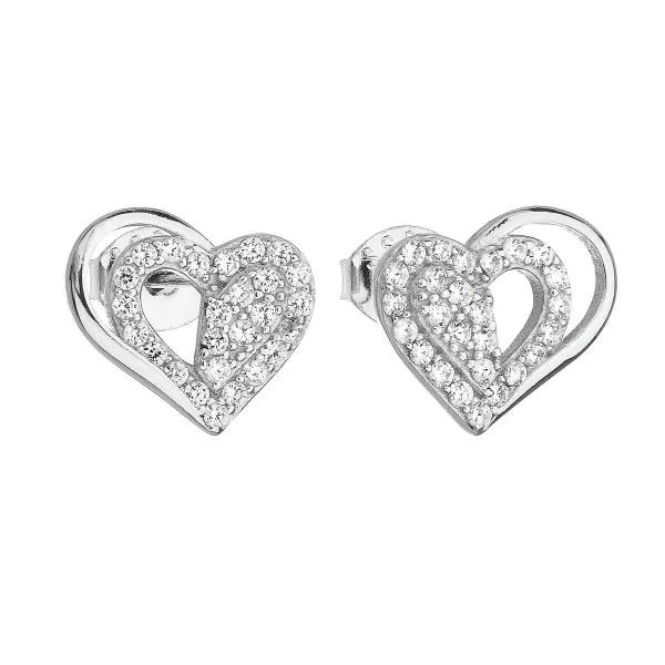 Strieborné náušnice pecka so zirkónom biele srdce 11115.1
