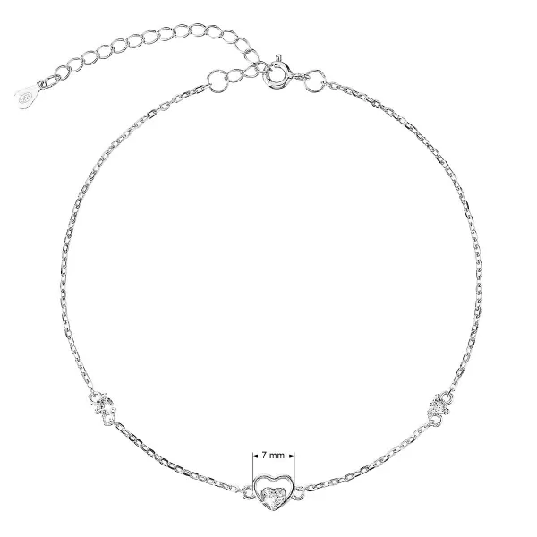 Strieborná retiazka na nohu srdiečka a biele zirkóny 16007.1