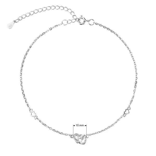 Strieborná retiazka na nohu dve srdiečka a biele zirkóny 16008.1