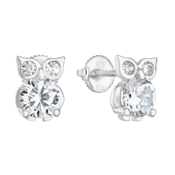 Strieborné náušnice pecka so zirkónom biela sova 11269.1