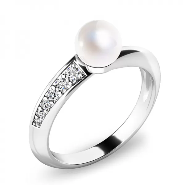Prsteň s bielou perlou a briliantmi 140011-B-FW-DIA