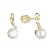 Zlaté 14 karátové náušnice žlté zlato s bielou riečnou perlou a zirkónmi 91PZ00027