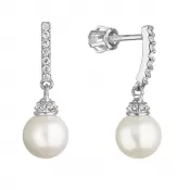 Zlaté 14 karátové náušnice biele zlato s visiacou riečnou perlou a zirkónmi 81PZ00021