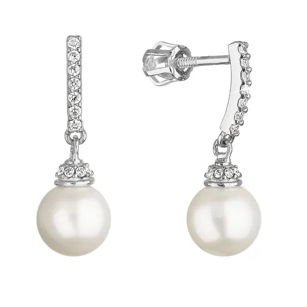 Zlaté 14 karátové náušnice biele zlato s visiacou riečnou perlou a zirkónmi 81PZ00021