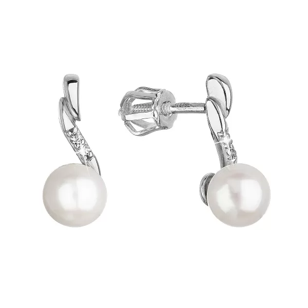 Zlaté 14 karátové náušnice biele zlato s riečnou perlou a zirkónmi 81PZ00027