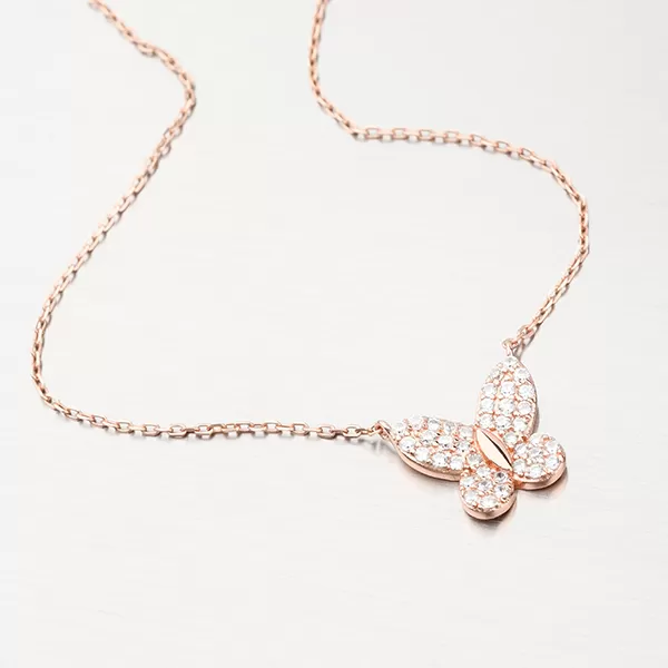 Strieborný náhrdelník s motýľom vo farbe ružového zlata N1802326-2493-SLX