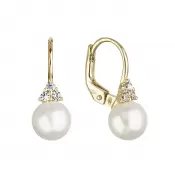 Zlaté 14 karátové náušnice žlté zlato s bielou riečnou perlou a tromi zirkónmi 91PZ00024