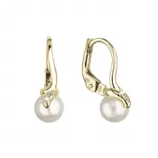 Zlaté 14 karátové náušnice žlté zlato s bielou riečnou perlou a zirkónmi 91PZ00029