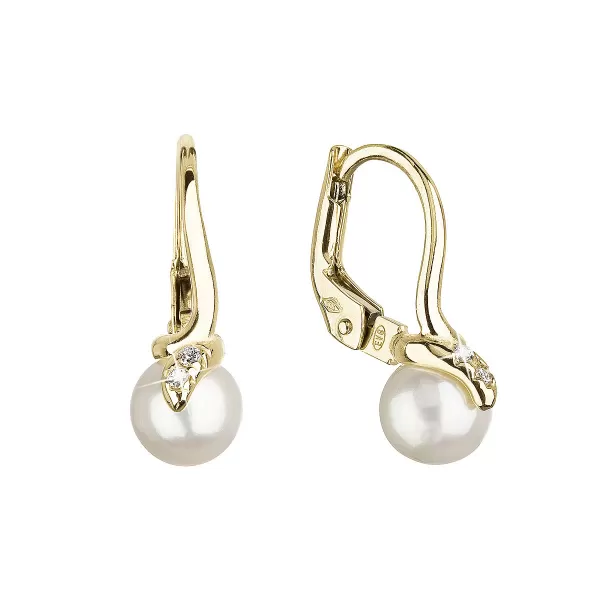 Zlaté 14 karátové náušnice žlté zlato s bielou riečnou perlou a zirkónmi 91PZ00029