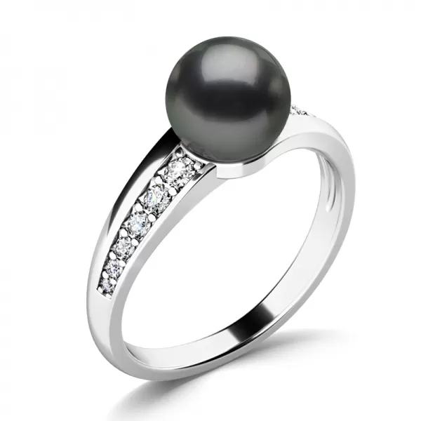 Prsteň s čiernou perlou a briliantmi 140012-B-FW-Black