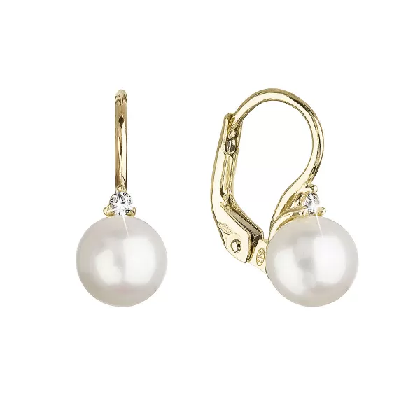 Zlaté 14 karátové náušnice žlté zlato s bielou riečnou perlou a zirkónom 91PZ00023
